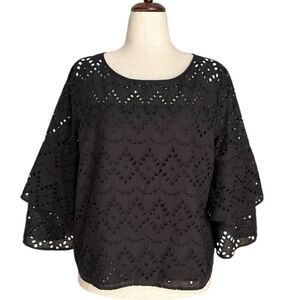 Ann Taylor Black Cotton Eyelet Lace Bell Sleeve Cropped Top Blouse Boho Size XL